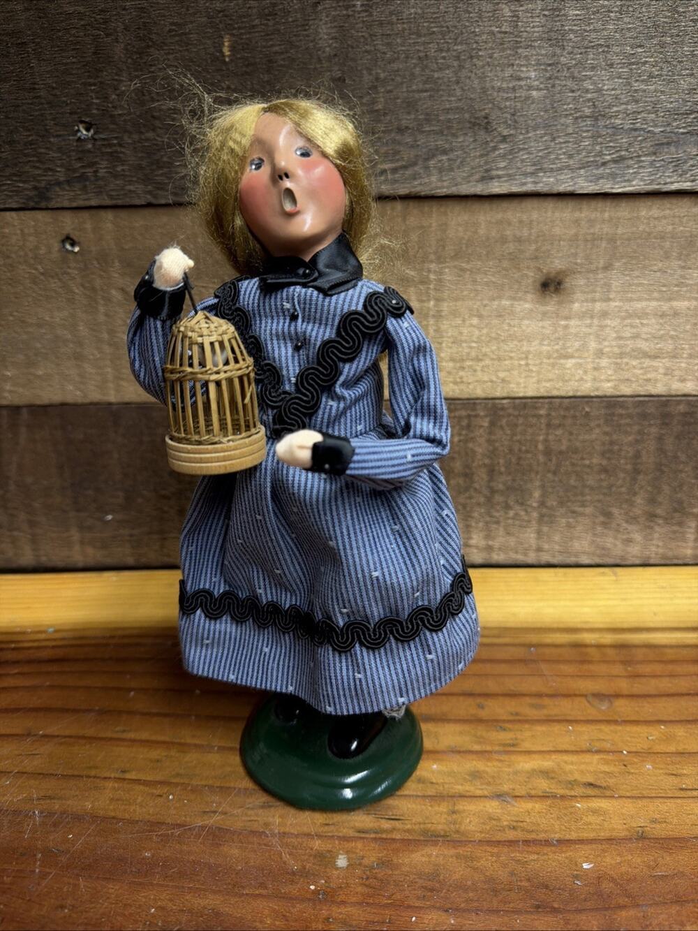 Vintage Byers Choice Ltd Caroler Girl With Rattan Bird Cage Blue Dress 2000
